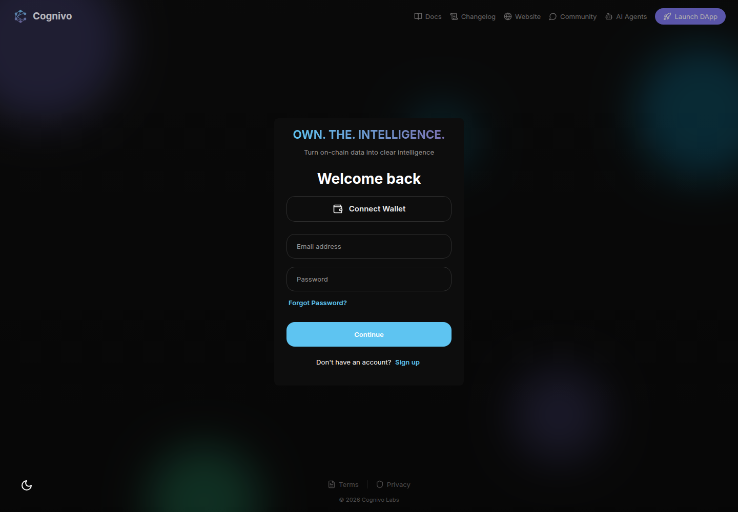 Cognivo Chat sign-in page with wallet, email, and password recovery options