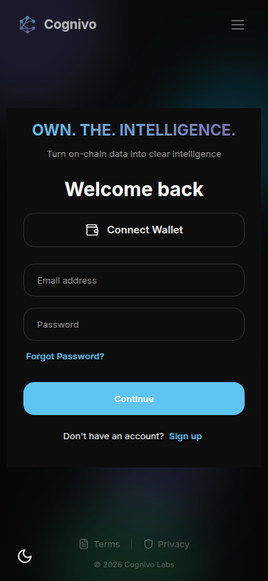 Cognivo Chat sign-in page with wallet, email, and password recovery options