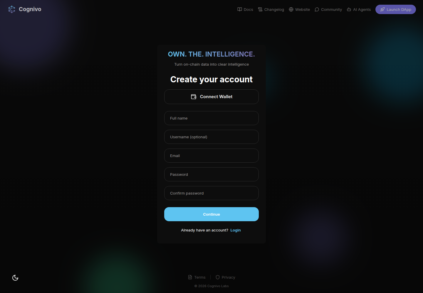 Cognivo Chat create-account page with the email sign-up form