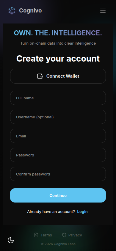 Cognivo Chat create-account page with the email sign-up form