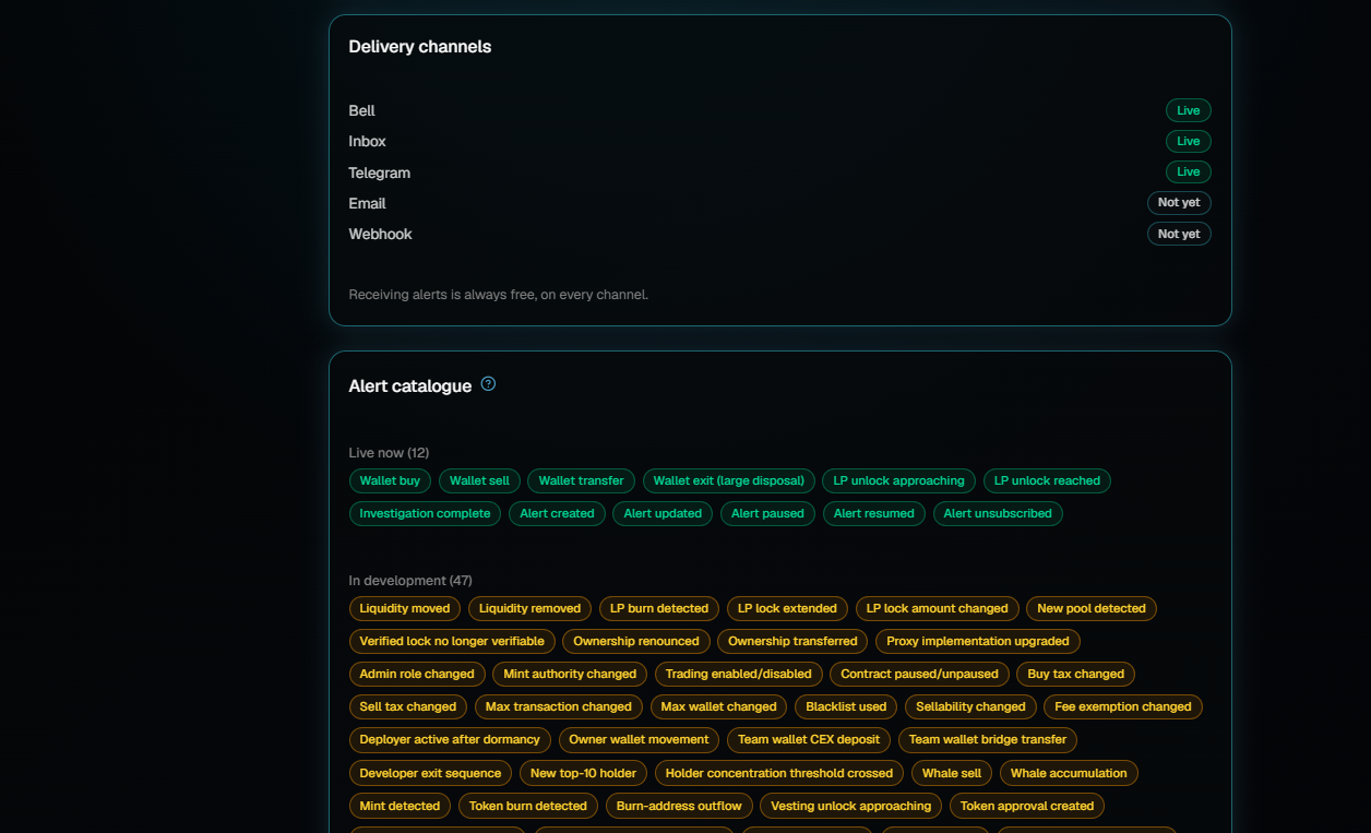 The lower part of the Delivery tab showing delivery channels Bell, Inbox and Telegram marked Live with Email and Webhook marked Not yet, and an Alert catalogue split into a green Live now group and an amber In development group.