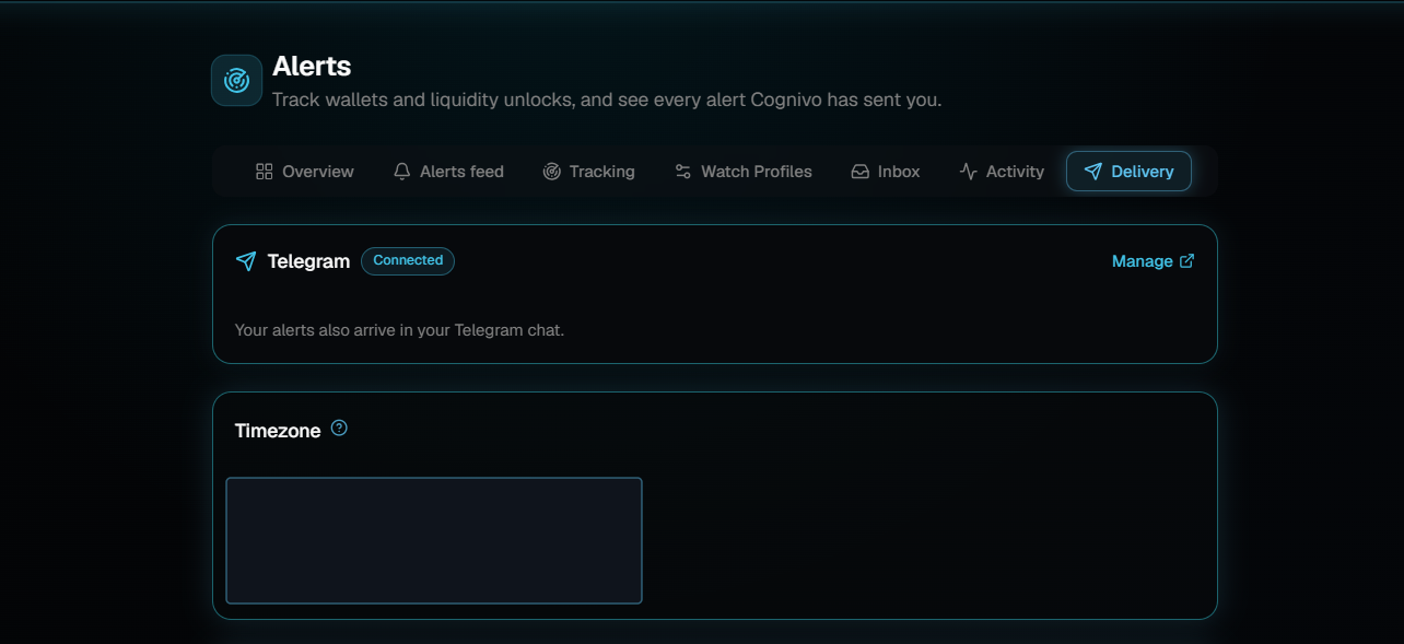 The Alerts page with the Delivery tab selected, showing a Telegram card marked Connected with a Manage link, and a Timezone card below it.