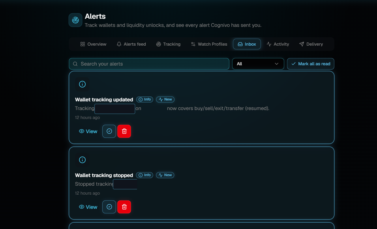 The Alerts page with the Inbox tab selected, showing a search box, an All filter, a Mark all as read button, and two wallet tracking alerts from twelve hours ago.