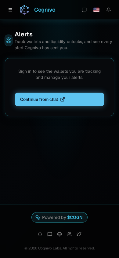 Cognivo dApp Alerts page explaining wallet and liquidity-unlock alerts