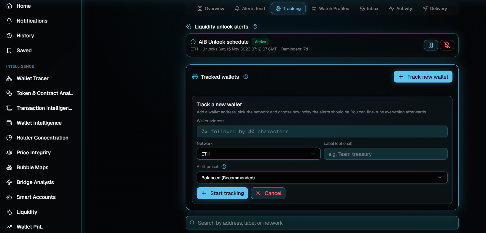 The Alerts page on the Tracking tab with the Track a new wallet form open, showing wallet address, network, label and alert preset fields above a Start tracking button.
