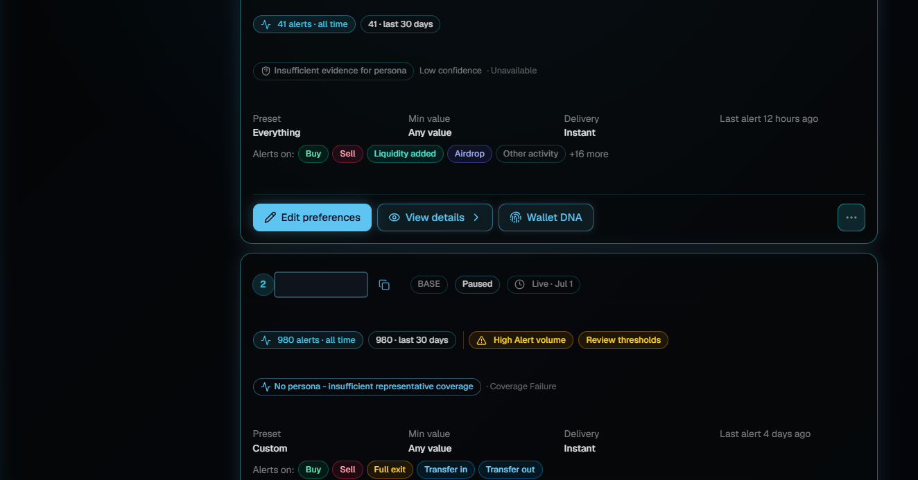 Two tracked wallet cards on the Alerts page, with alert counts, the event types being watched, buttons to edit preferences, view details or open Wallet DNA, and the status chips shown on the second card.