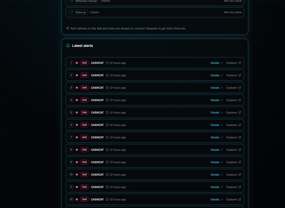 The end of a watch profile rule list followed by a Latest alerts card listing twelve sell alerts for the token CASHCAT, each with a timestamp and links to details and to a block explorer.