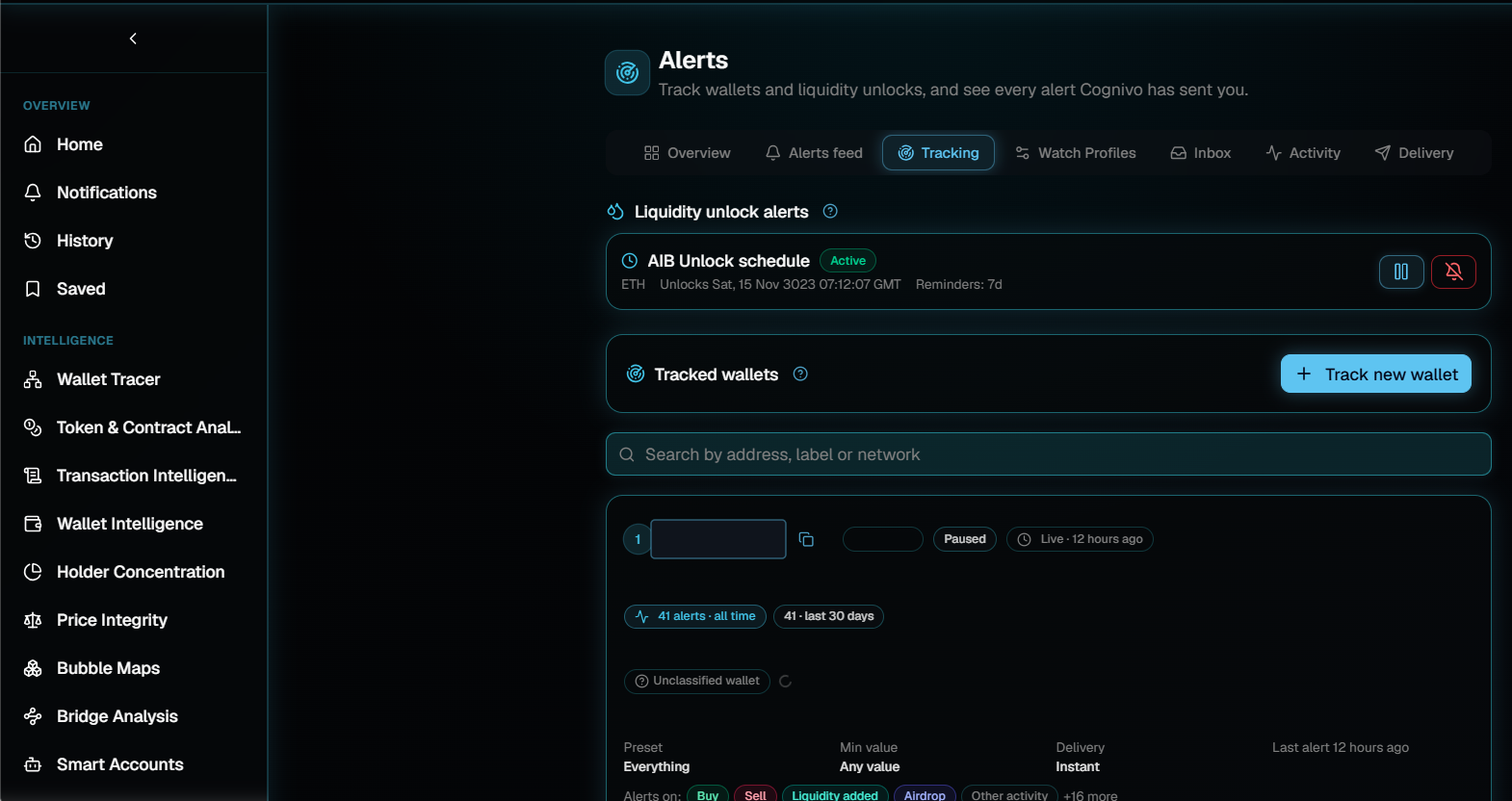 The Tracking tab of the Alerts page, showing a liquidity unlock schedule with pause and mute buttons, and a Tracked wallets card with a Track new wallet button, a search field and one tracked wallet entry with its settings.