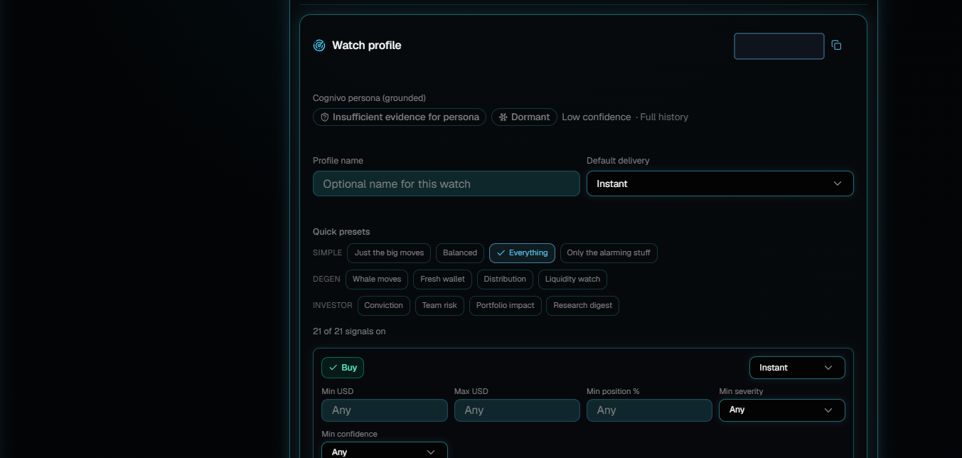 The watch profile editor showing a profile name field, a Default delivery dropdown set to Instant, three rows of quick presets, and the first per signal card for Buy with its threshold fields.