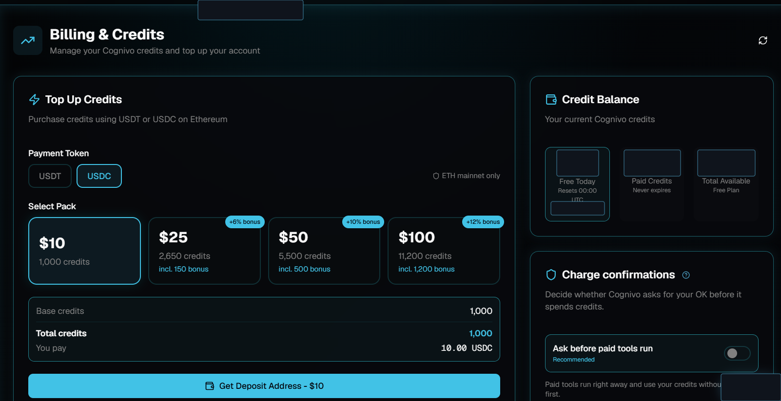 The Billing and Credits page showing the Top Up Credits card with USDT and USDC payment options, four credit packs, a payment summary, and a Credit Balance panel with a Charge confirmations toggle.