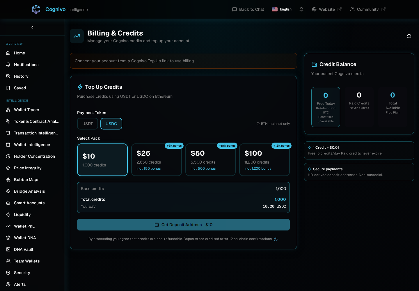 Cognivo dApp Billing and Credits page showing the credit balance and top-up packs