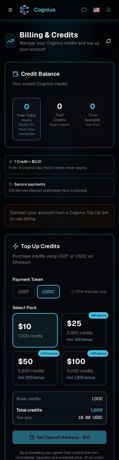 Cognivo dApp Billing and Credits page showing the credit balance and top-up packs