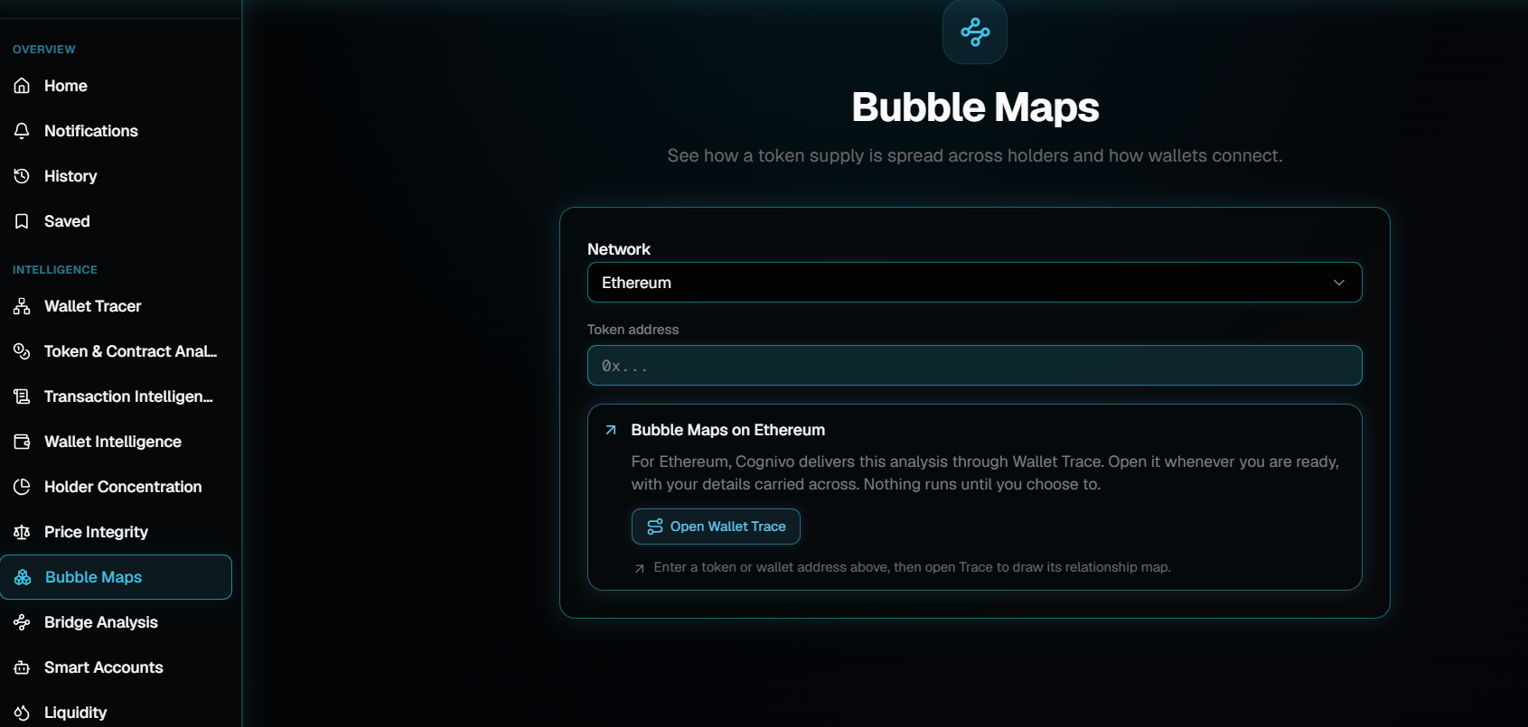 The Bubble Maps page with a Network dropdown set to Ethereum, an empty Token address field, and a notice offering to open Wallet Trace.