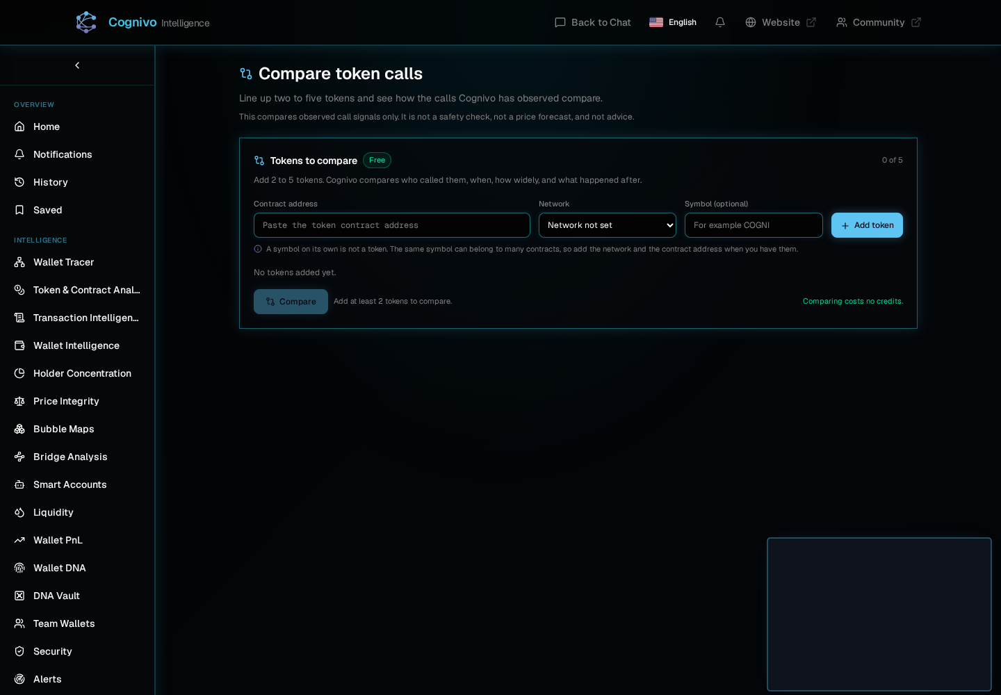 The Compare token calls page with an empty Tokens to compare card, showing a contract address field, a Network dropdown reading Network not set, an optional Symbol field, an Add token button and a greyed out Compare button.