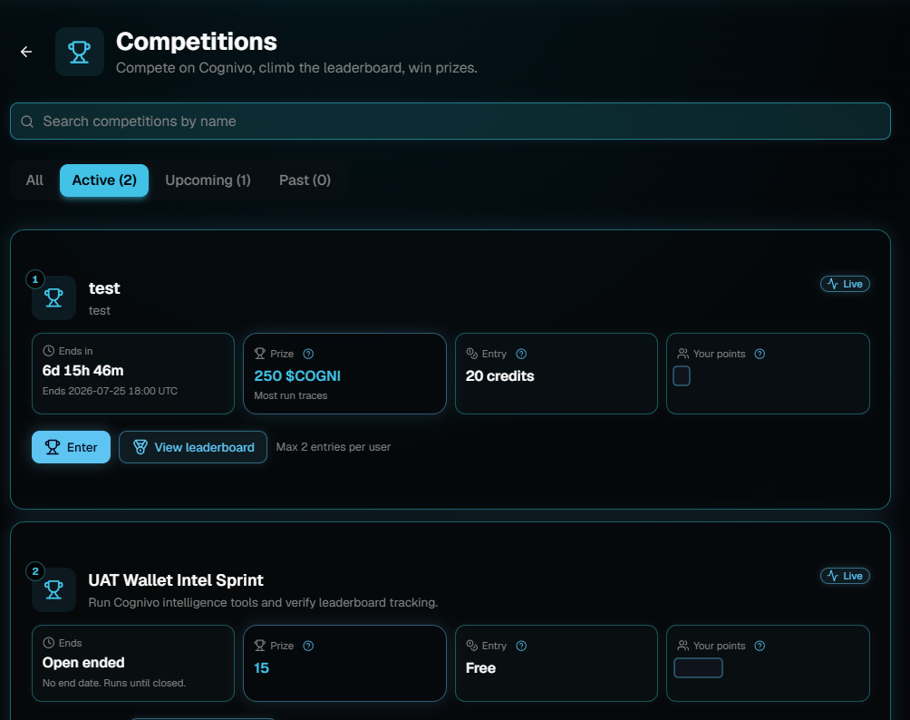 The Competitions page with the Active tab selected, listing two live competitions with their end time, prize, entry cost and buttons to enter or view the leaderboard.