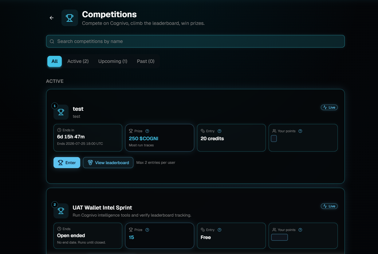 The Competitions page with a search box, filter tabs for All, Active, Upcoming and Past, and two live competition cards showing time remaining, prize, entry cost, an Enter button and a View leaderboard button.