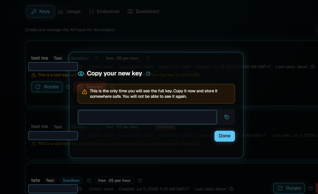 A dialog titled Copy your new key, warning that this is the only time the full key is shown, with a copy icon beside the key field and a Done button.