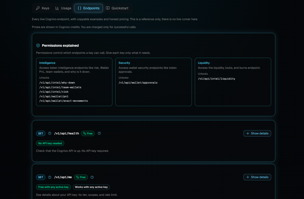 The Developers page with the Endpoints tab open, showing a Permissions explained card with Intelligence, Security and Liquidity groups, and two endpoint entries below that are both marked Free.
