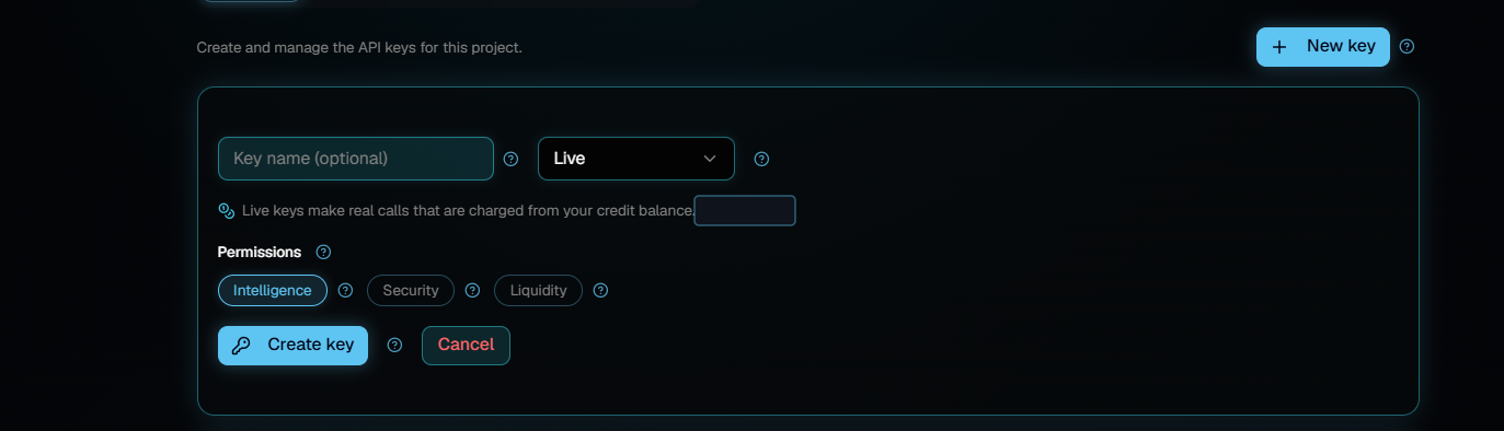 The new key form on the Developers page, with an optional name field, the mode set to Live, permission chips for Intelligence, Security and Liquidity, and Create key and Cancel buttons.