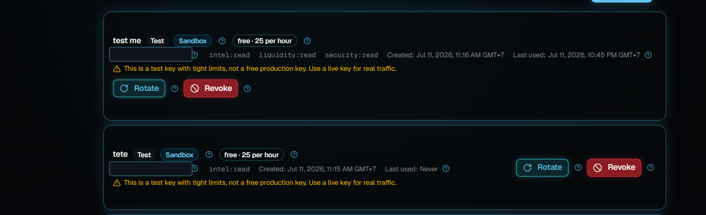 Two test API key rows showing the key name, Test and Sandbox badges, an hourly limit, permissions, created and last used times, a warning about test key limits, and Rotate and Revoke buttons.