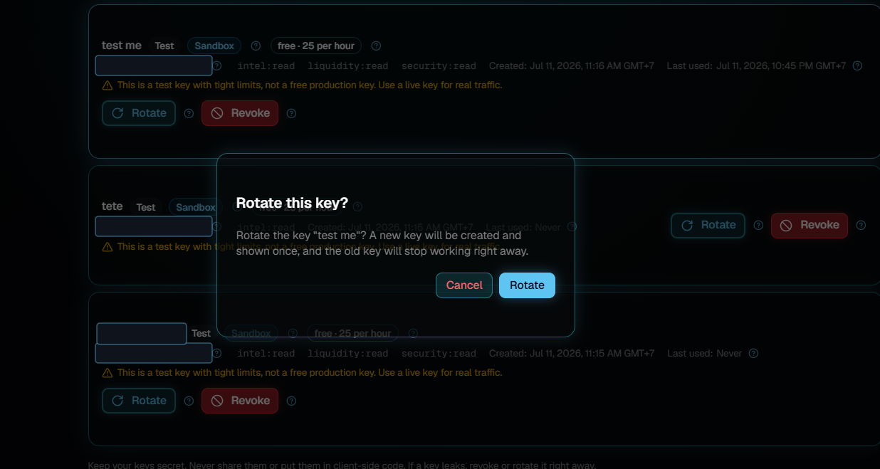 A confirmation dialog titled Rotate this key, explaining that a new key will be created and shown once and the old key will stop working right away, with Cancel and Rotate buttons.