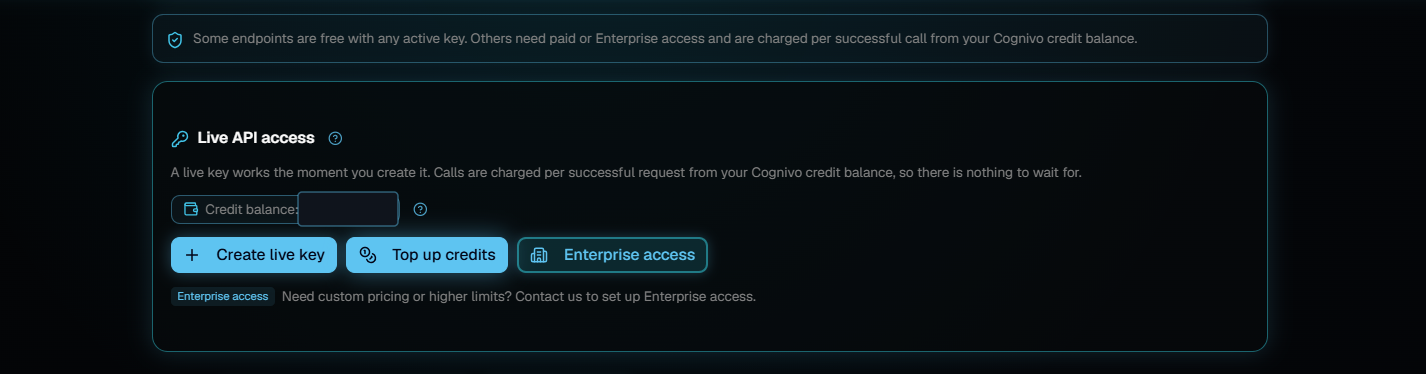 The Live API access panel on the Developers page, with a credit balance chip and buttons to create a live key, top up credits or ask about Enterprise access.