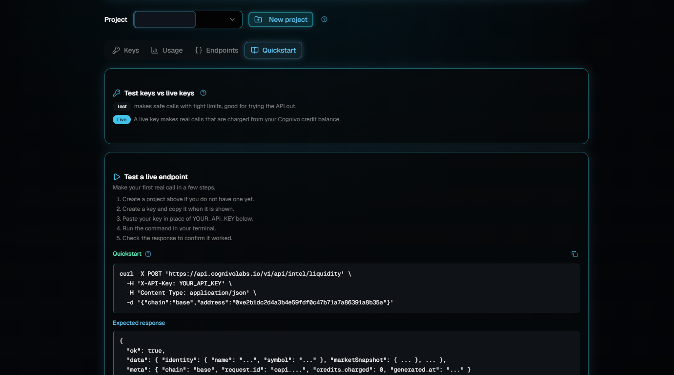The Developers page with the Quickstart tab open, showing an explanation of test keys and live keys, five numbered setup steps, a sample command to run and the response it returns.
