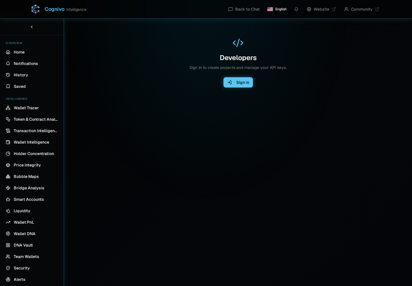 API 키 관리를 위해 로그인을 안내하는 Cognivo dApp Developers 페이지