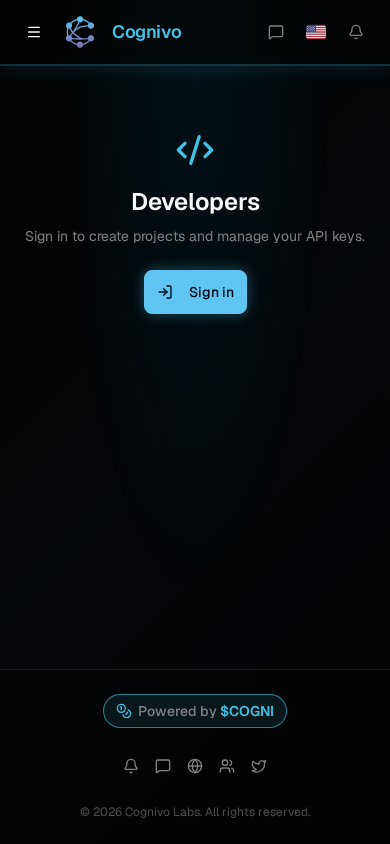 API 키 관리를 위해 로그인을 안내하는 Cognivo dApp Developers 페이지