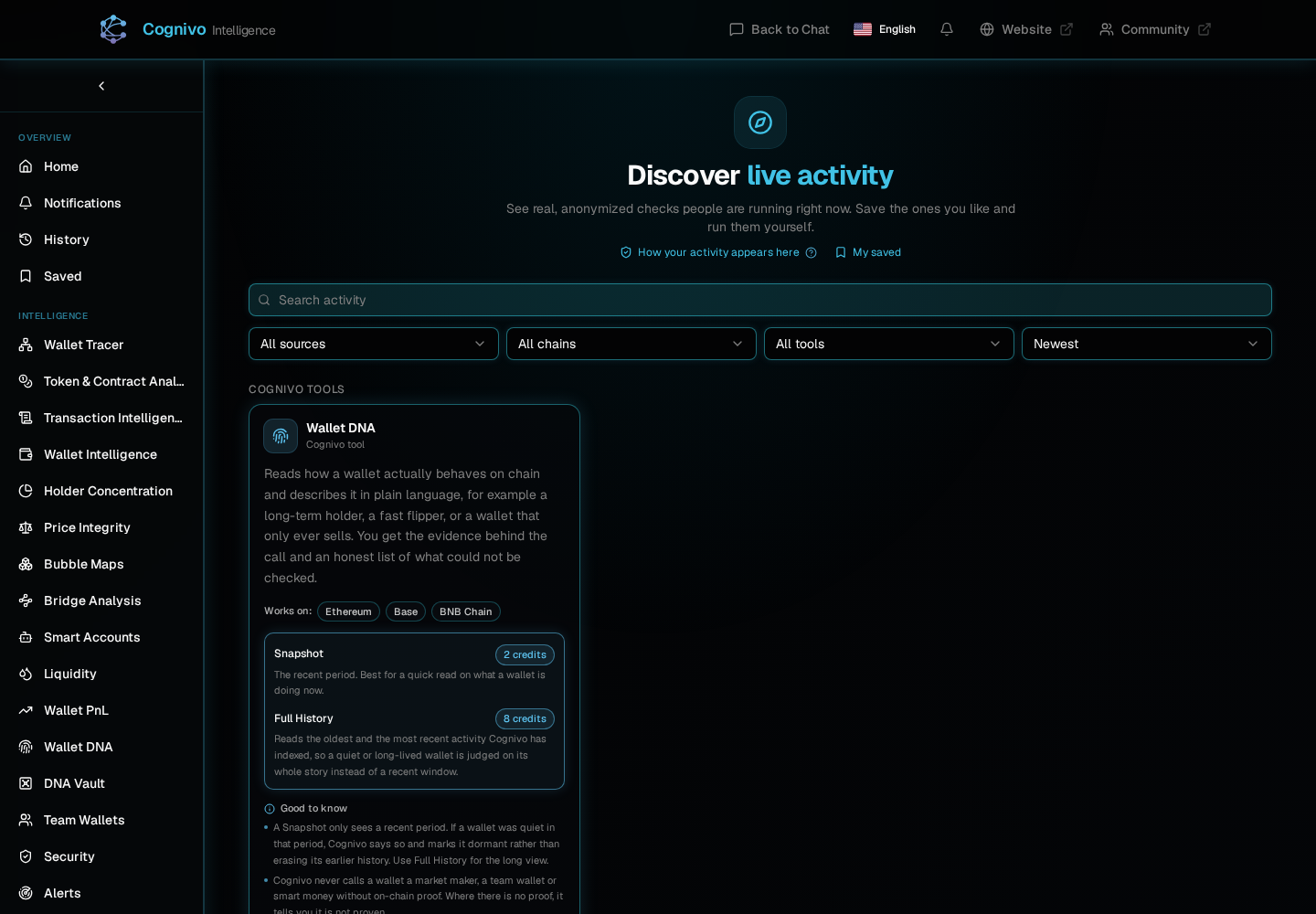 Cognivo dApp Discover feed showing anonymized live checks with search, filters and tool cards