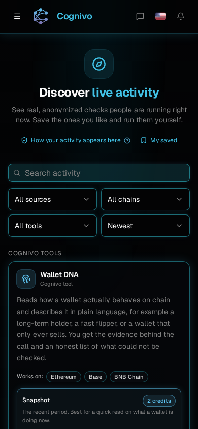 Cognivo dApp Discover feed showing anonymized live checks with search, filters and tool cards