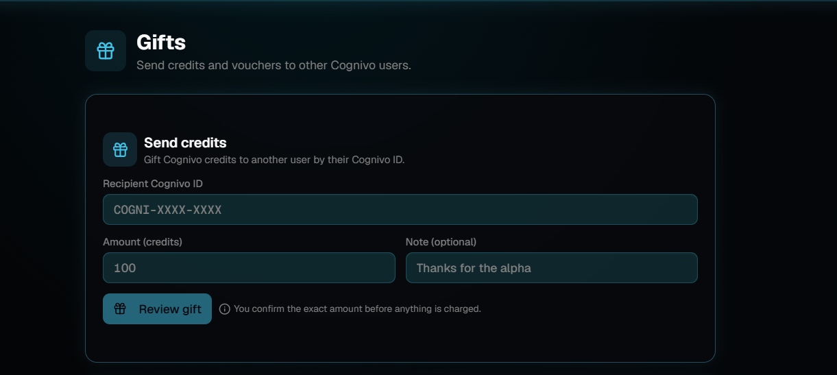 The Send credits card on the Gifts page, with a recipient Cognivo ID field, an amount field, an optional note field and a Review gift button.