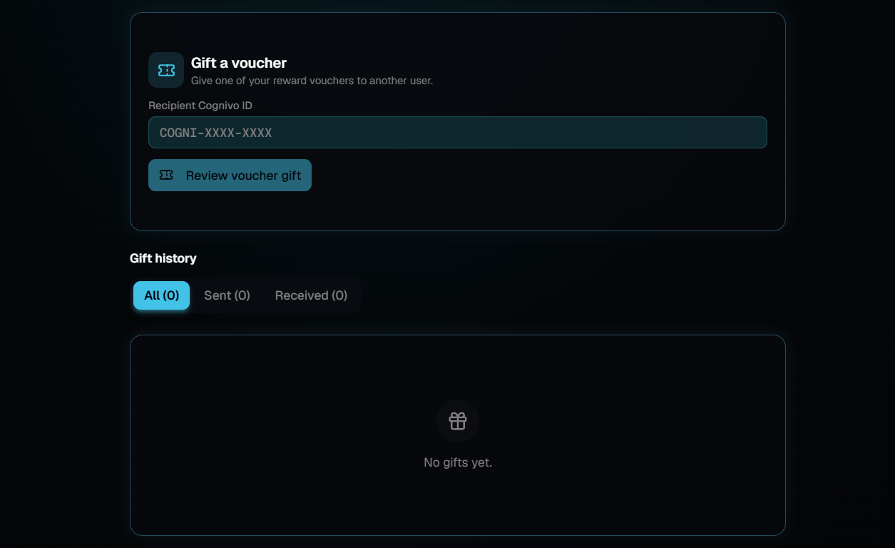The Gift a voucher card asking for a recipient Cognivo ID with a Review voucher gift button, above a Gift history section with All, Sent and Received filters and an empty state reading No gifts yet.