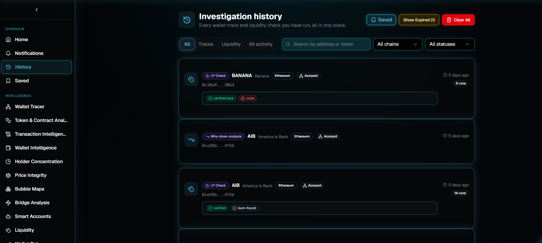 The Investigation history page listing two past liquidity checks and a why-down analysis on Ethereum, with filter tabs, a search box and chain and status dropdowns above the results.