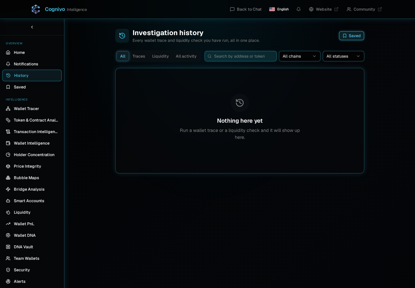 Cognivo Investigation history page with filter tabs, search, and chain and status filters