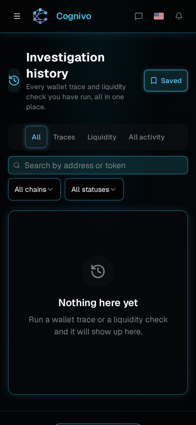 Cognivo Investigation history page with filter tabs, search, and chain and status filters