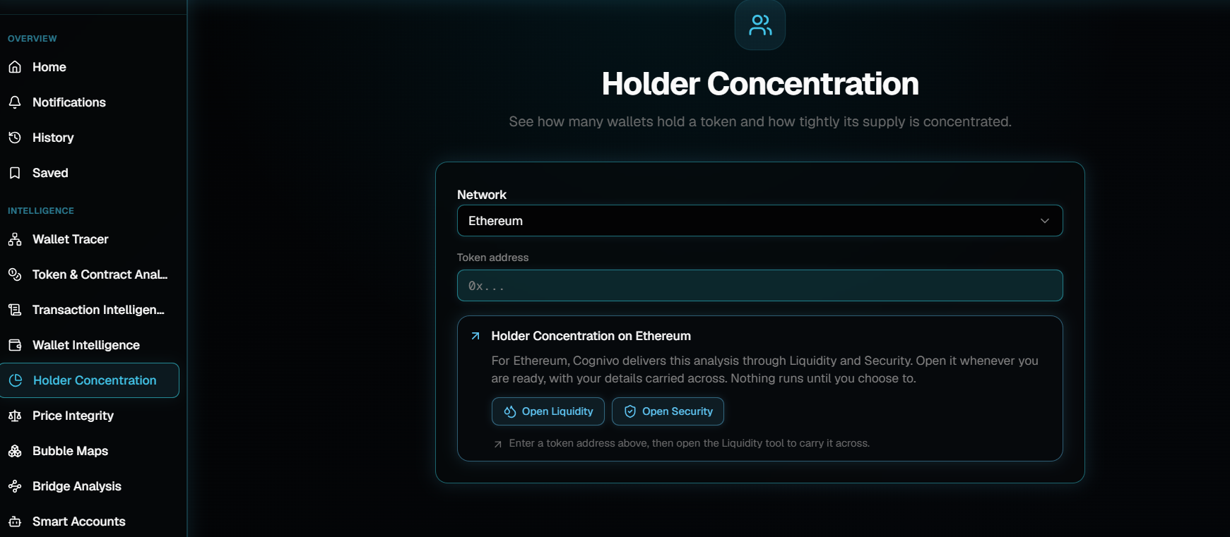 The Holder Concentration page with a Network dropdown set to Ethereum, an empty Token address field, and a card explaining the Ethereum route with Open Liquidity and Open Security buttons.