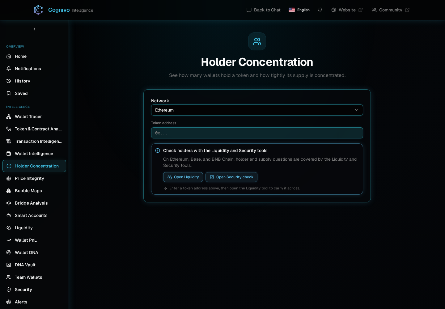 Cognivo dApp Holder Concentration page with network and token inputs