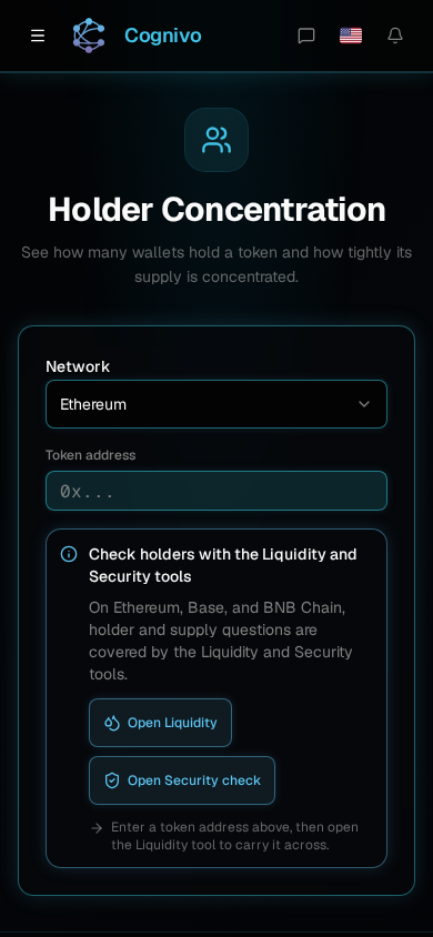 Cognivo dApp Holder Concentration page with network and token inputs