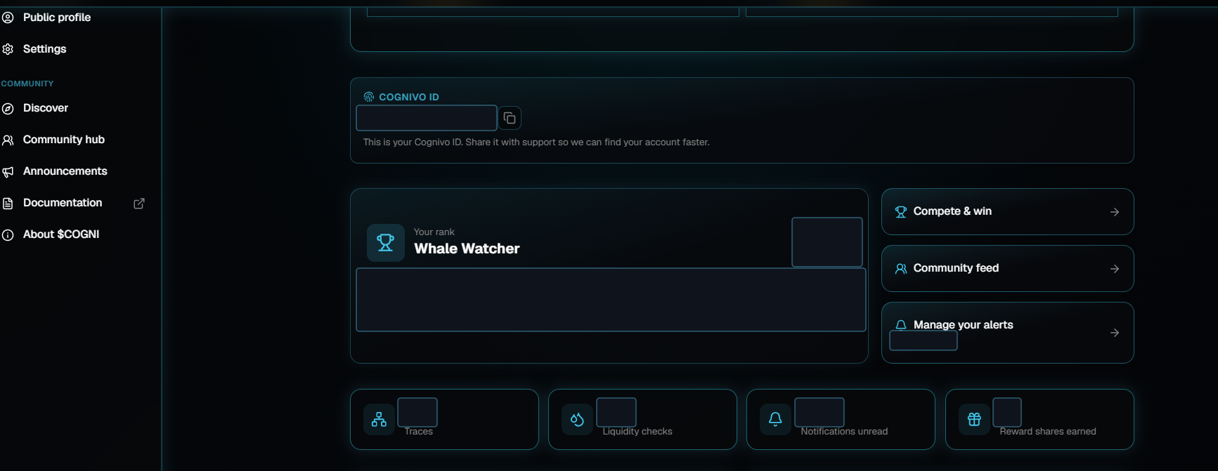 The signed-in Cognivo account home showing a COGNIVO ID card with a copy button, a Whale Watcher rank card, shortcut cards for Compete and win, Community feed and Manage your alerts, and tiles for Traces, Liquidity checks, Notifications unread and Reward shares earned.