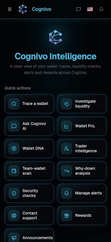 Cognivo dApp home showing the tool navigation and Quick actions
