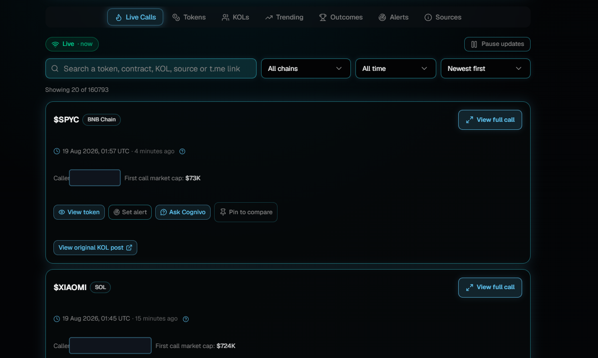 The Live Calls tab of KOL Intelligence with a green Live pill, a Pause updates button, search and filter controls, and two call cards for SPYC and XIAOMI showing the call time, first call market cap and action buttons.