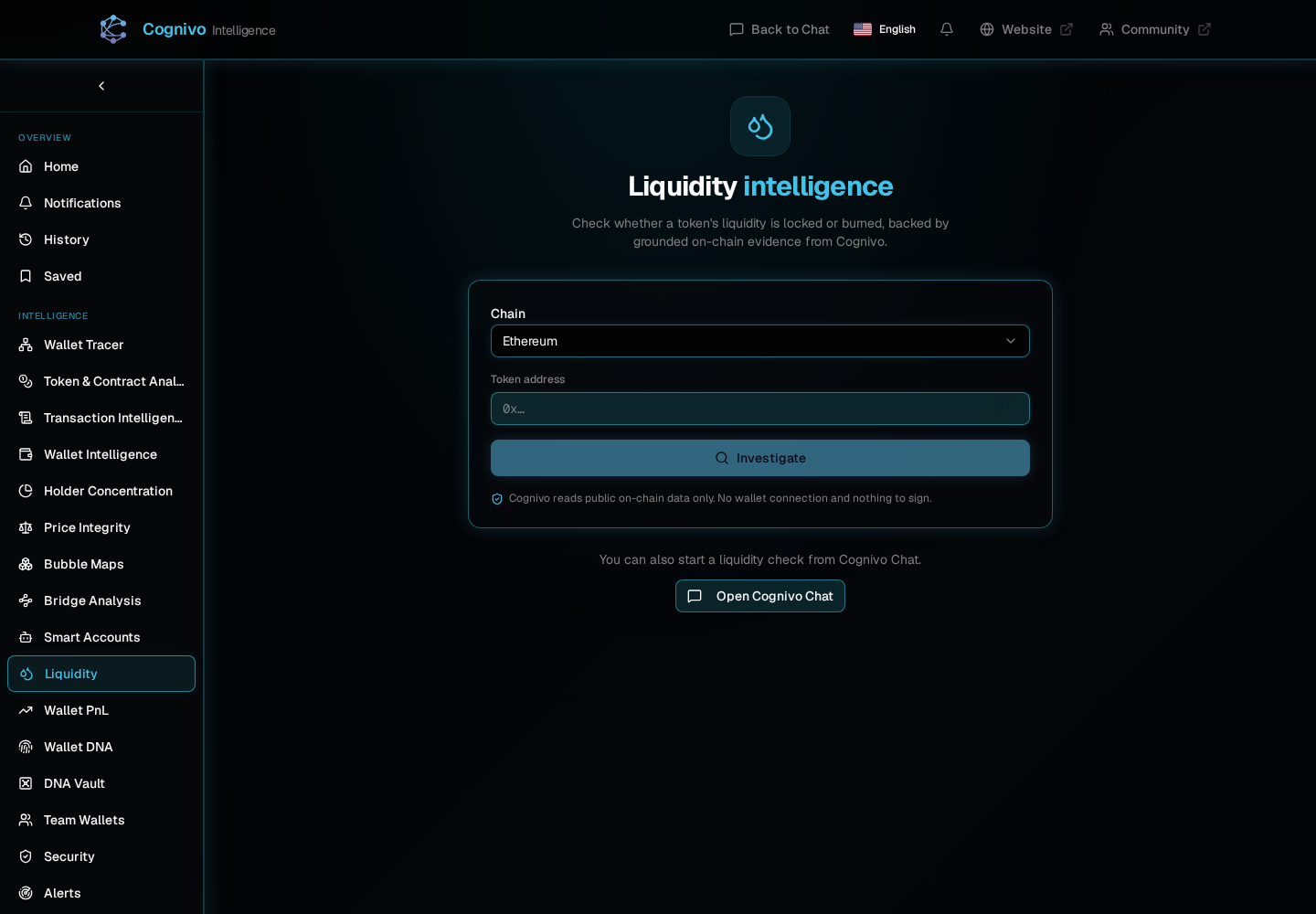 Cognivo dApp Liquidity intelligence page with chain and token inputs
