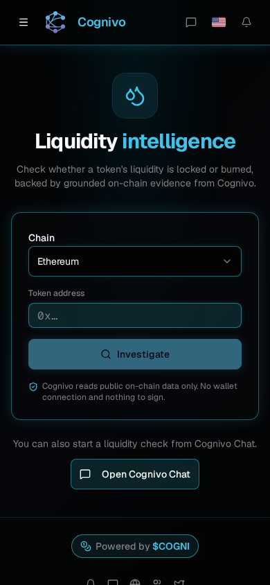 Cognivo dApp Liquidity intelligence page with chain and token inputs