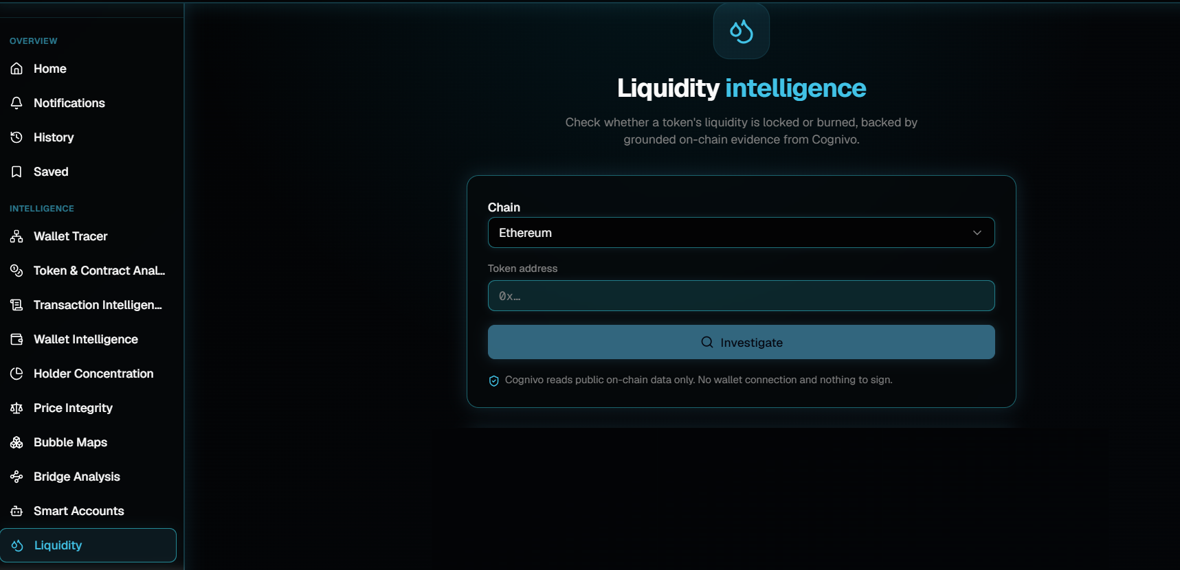 The Liquidity intelligence page in the Cognivo app with a Chain dropdown set to Ethereum, an empty Token address field and an Investigate button.