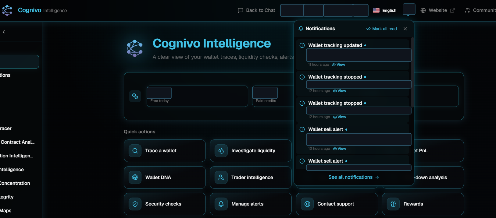 The Cognivo Intelligence home page with the notifications dropdown open in the top bar, listing wallet tracking and wallet sell alert entries with timestamps and View links.