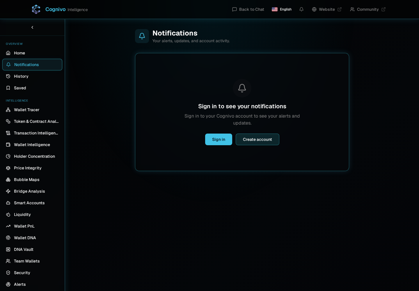 Cognivo dApp Notifications page showing the signed-out state with sign-in options