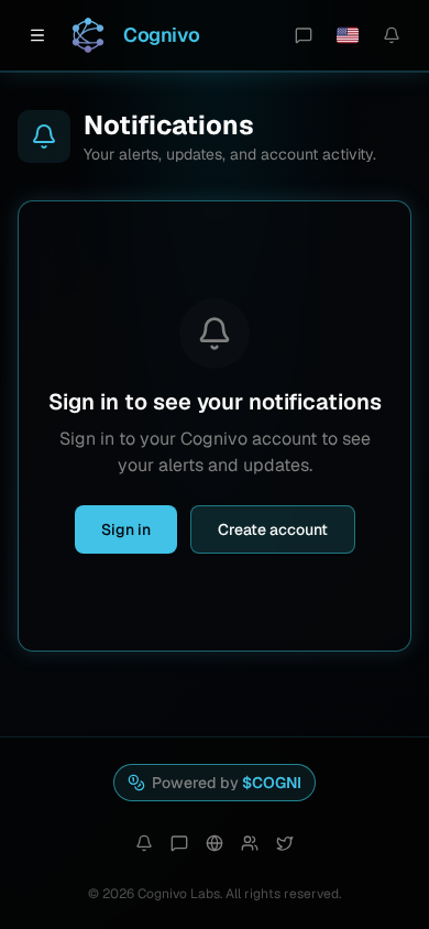 Cognivo dApp Notifications page showing the signed-out state with sign-in options