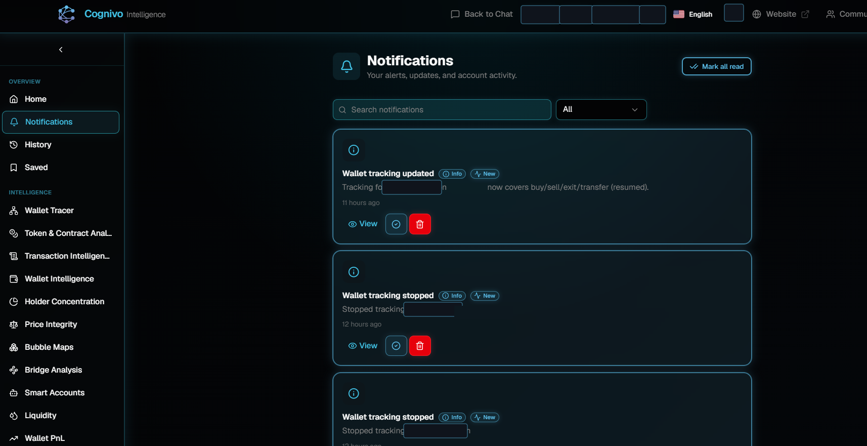 The Cognivo Notifications page listing three wallet tracking messages, each with Info and New labels, a relative time, and View, mark as read and delete buttons.