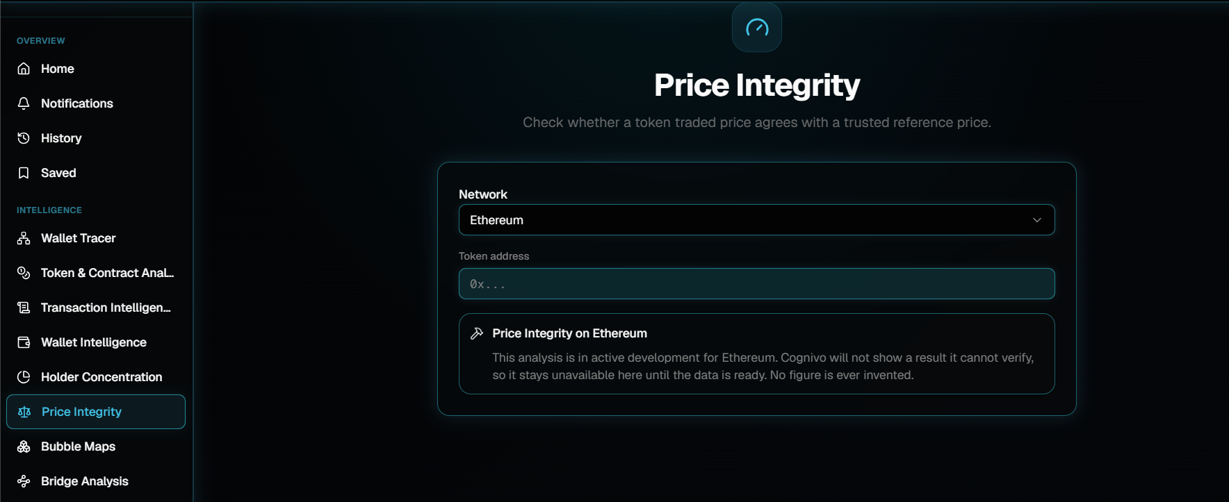 The Price Integrity page with a Network dropdown set to Ethereum, an empty Token address field, and a notice saying the analysis is in active development for Ethereum and stays unavailable until the data is ready.